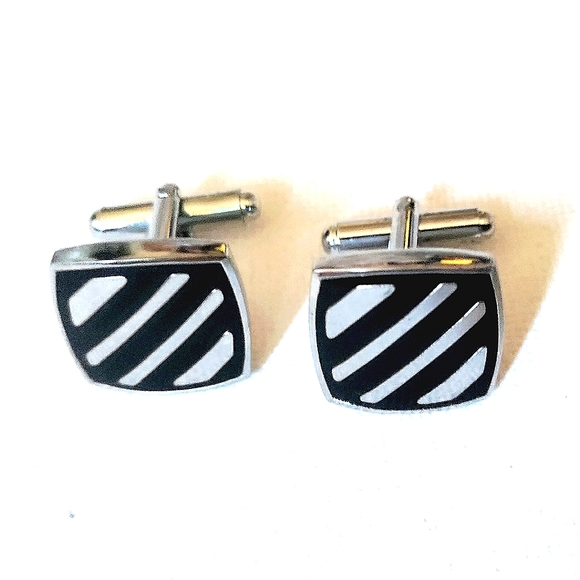 NEW 3pc. Cufflinks: "Striped" Stainless Steel/Enamel & Tie Bar. Bullet Back - Picture 3 of 8